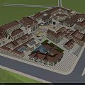 European Style Commercial Street With Brown Roof Buildings And Central Plaza Green Space