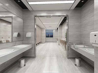 Bright Modern Public Bathroom Interior With Light Marble Finish And Complete Sanitary Facilities 3d model