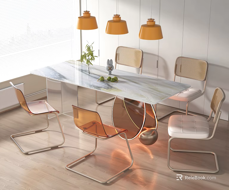 Modern Dining Table Set With Marble Top Metal Frame Chairs And Yellow Pendant Lights 3d model 