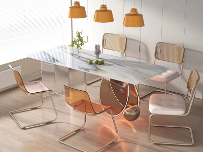 Modern Dining Table Set With Marble Top Metal Frame Chairs And Yellow Pendant Lights 3d model
