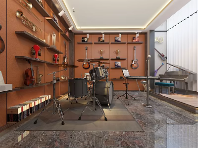 Kindergarten Music Activity Room With Guitar Drum Set Piano And Musical Instrument Display Shelves 3d model