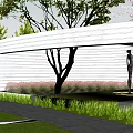 Modern Sales Office Building Exterior Design With Glass Door Entrance And Surrounding Trees