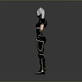 Futuristic Female Game Movie Character With Silver Hair Mask Black Combat Suit And Golden Accents