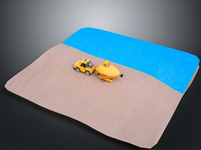 Toy cars on model road with blue water area and brown ground surface 3d model