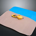 Toy cars on model road with blue water area and brown ground surface