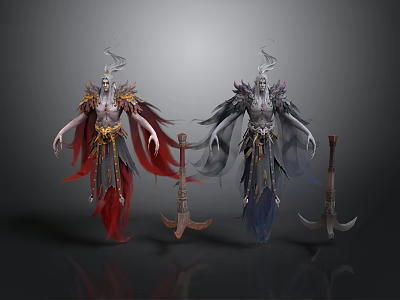 Mythical Fantasy Characters With Red Gold And Gray Blue Ornate Costumes And Weapons 3d model