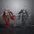 Mythical Fantasy Characters With Red Gold And Gray Blue Ornate Costumes And Weapons