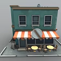 Cartoon Style Teal Colored Two Story Building With Orange White Striped Awning And Tables Chairs