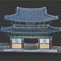 Traditional Chinese Architectural Model Featuring Blue Roof Red Pillars Yellow Decorations And Multi layered Base Platform