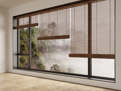 Modern Wooden Window Blinds Enhancing Interior With Scenic Tree And Mist View 3d model