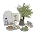Elegant Decorative Ornaments Set Featuring Green Plants Teapot Cookies Cup Aromatherapy Bottle And Tray