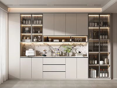 Elegant Modern Wine Cabinet With Glass Doors And Wine Bottles On Countertop 3d model