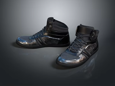 Stylish Black High Top Lace Up Shoes With Shiny Finish And Casual Design 3d model