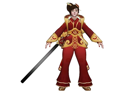 Game And Movie Character In Red Gold Traditional Costume With Waist Ornaments Holding Long Sword 3d model