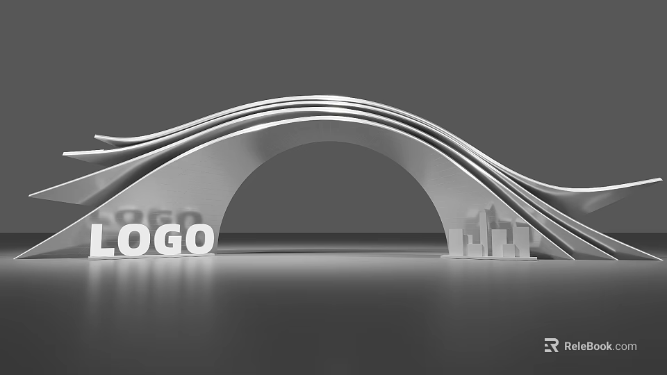 Modern Event Entrance Design With Silver Wave Arch LOGO And City Silhouette 3d model 