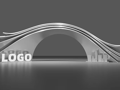 Modern Event Entrance Design With Silver Wave Arch LOGO And City Silhouette 3d model