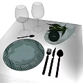 Elegant Tableware Set with Wine Glasses Plate Dish Fork Knife and Spoon on Table 3d model