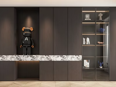 Modern Dark Wood Bookshelf With Glass Doors Marble Countertop Books And Decorative Items 3d model