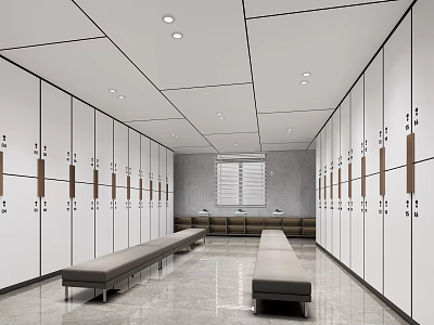 Spacious Locker Room Interior With Rows Of Lockers Benches Ceiling Lights And Window 3d model