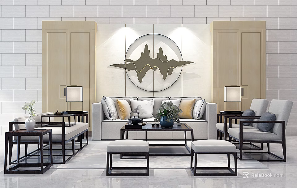 Modern Sofa and Coffee Table Set With Decorative Wall Art Table Lamps and Throw Pillows 3d model