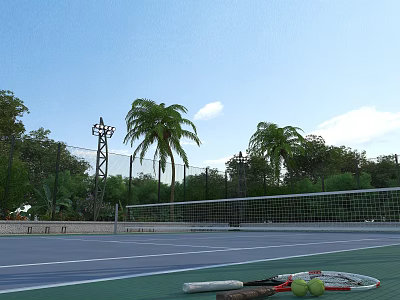 Outdoor Tennis Court Fitness Training With Palm Trees Floodlights And Tennis Equipment 3d model