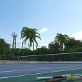 Outdoor Tennis Court Fitness Training With Palm Trees Floodlights And Tennis Equipment 3d model