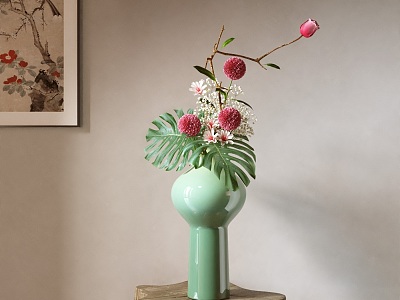 New Chinese Style Flower-arranging Vase Ornaments Combination Japanese Style Flower-arranging Small Original Flow Zen Chrysanthemum Turtle Bamboo Camellia 3d model