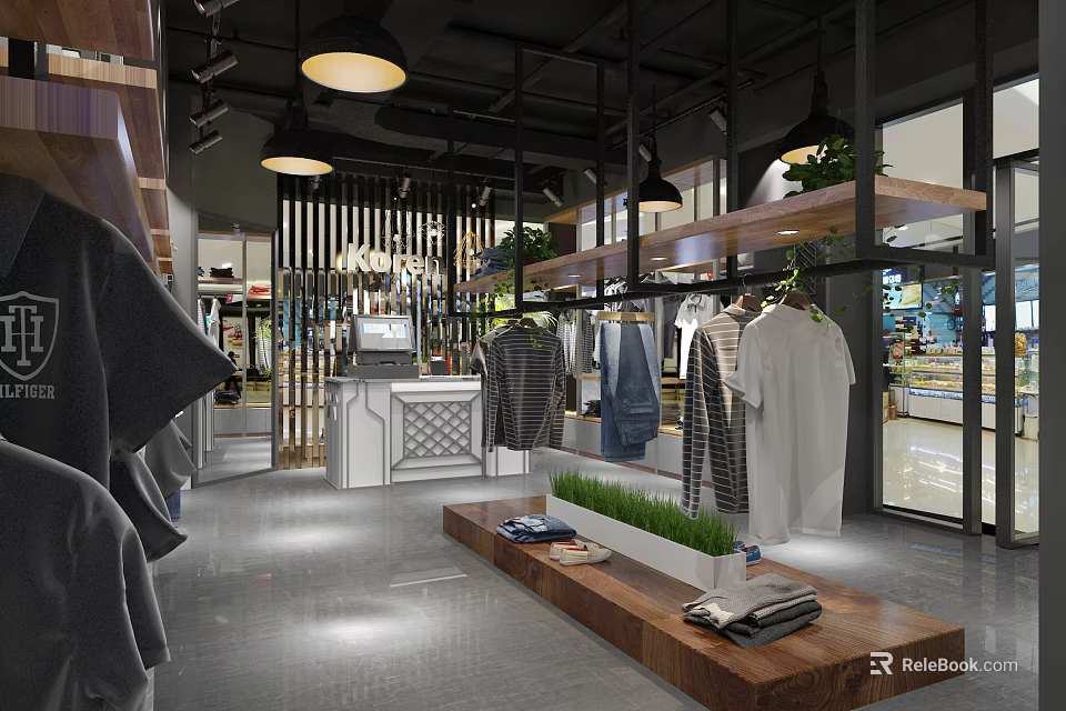 Modern Clothing Store Interior With Clothes On Hangers Wooden Display Table And Green Plants 3d model 