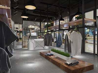 Modern Clothing Store Interior With Clothes On Hangers Wooden Display Table And Green Plants 3d model