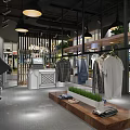 Modern Clothing Store Interior With Clothes On Hangers Wooden Display Table And Green Plants