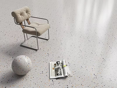 Terrazzo Style Floor With Beige Chair Metal Frame White Spotted Ball And Open Magazine 3d model