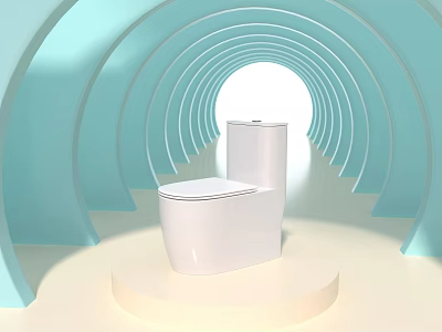 Modern White Toilet On Display Platform With Light Blue Curved Tunnel Background 3d model