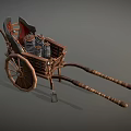 Wooden Horse Drawn Cart With Large Wheels Striped Poles And Pots
