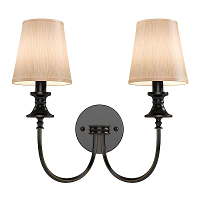Classic Two Light Wall Sconce With Beige Fabric Shades And Black Metal Brackets 3d model