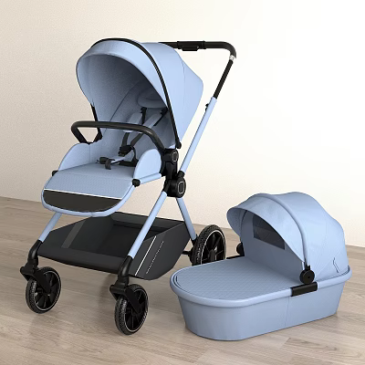 Light Blue Modern Baby Stroller With Matching Baby Carrier For Newborns 3d model