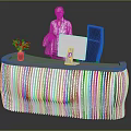 Modern Reception Desk With Ribbed Design And Orange Flower Vase Computer Monitor Black Chair