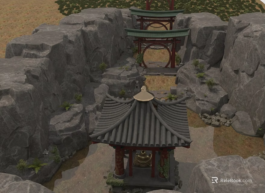 Traditional Chinese Pavilion Architecture With Pagoda Roof In Rocky Landscape And Water Feature 3d model 
