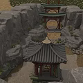Traditional Chinese Pavilion Architecture With Pagoda Roof In Rocky Landscape And Water Feature