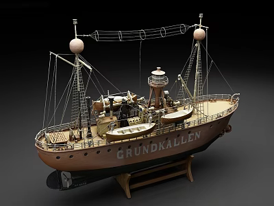 Detailed GRUNDKALLEN Model Ship With Masts Lighthouse Structure And Wooden Stand 3d model