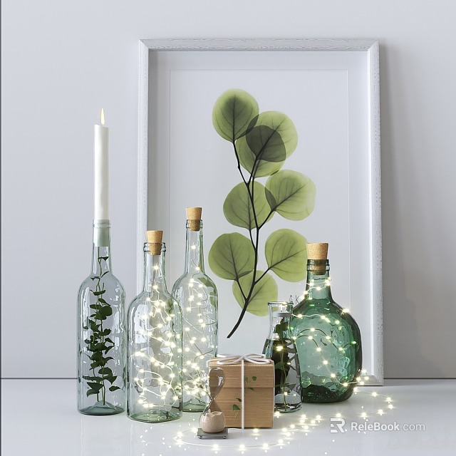 Decorative String Lights In Glass Bottles With Green Leaf Painting Candle And Wooden Box 3d model 