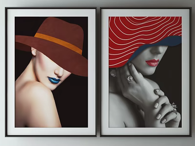 Portrait Paintings of Women in Hats Red Wavy Patterns and Lipstick with Framed Art Decor 3d model