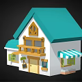 Cartoon Style House With Teal Roof Yellow Door Wooden Balcony And Striped Awning