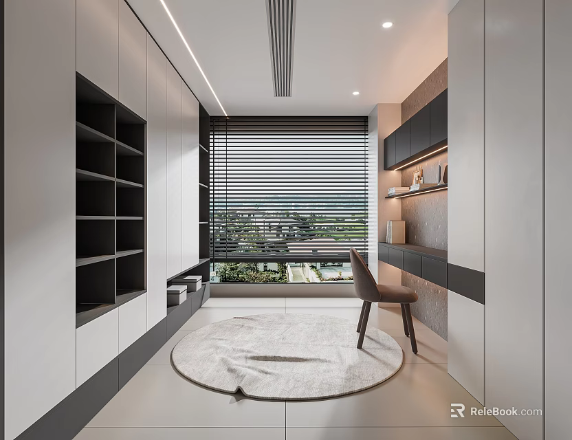Modern Study Interior Design With White Cabinets Black Bookshelves Desk Chair And Round Rug 3d model 