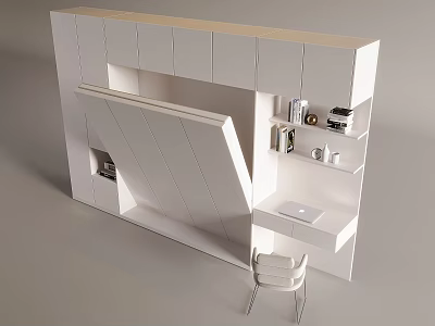 White Modern Wardrobe With Multiple Doors Open Shelves And Desk Chair 3d model