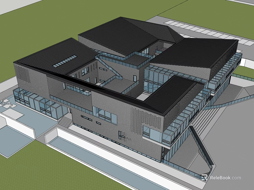 Modern Contemporary Building Exterior With Black Roof Glass Facade And Unique Structure 3d model 