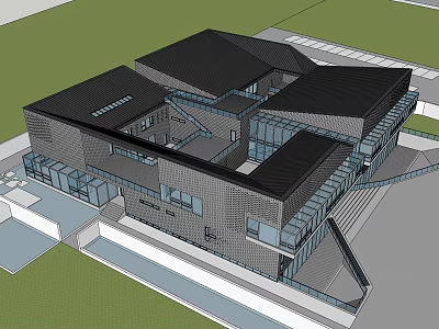 Modern Contemporary Building Exterior With Black Roof Glass Facade And Unique Structure 3d model