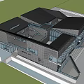Modern Contemporary Building Exterior With Black Roof Glass Facade And Unique Structure