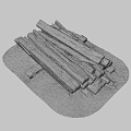 Train Scene with Pile of Old Charred Decayed Wood Logs on Gravel Ground