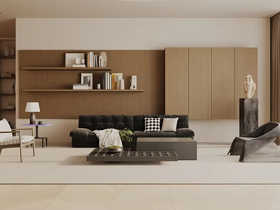 Modern Living Room Interior Design With Black Sofa Pillows Wooden Shelves Books And Floor Lamp 3d model