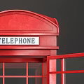 Red Telephone Booth Public Facility With Glass Door And Wooden Stool